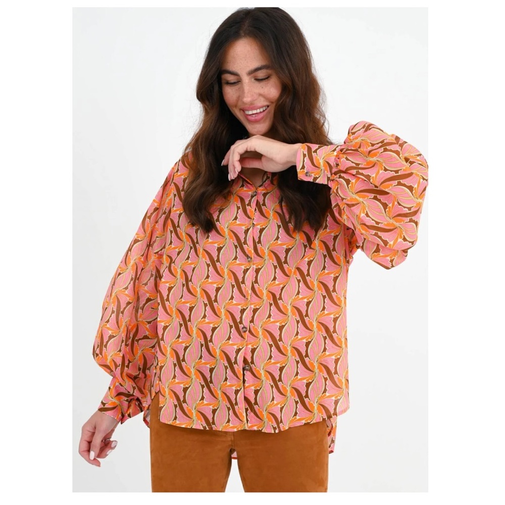 NWT Devotion Twins Lotos Button Front Blouse in Orange/Pink, Size S